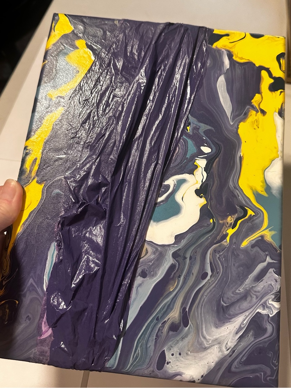 Hand crafted Abstract Pour Painting Canvas in Purple, Yellow, Teal, White - Picture 6 of 8